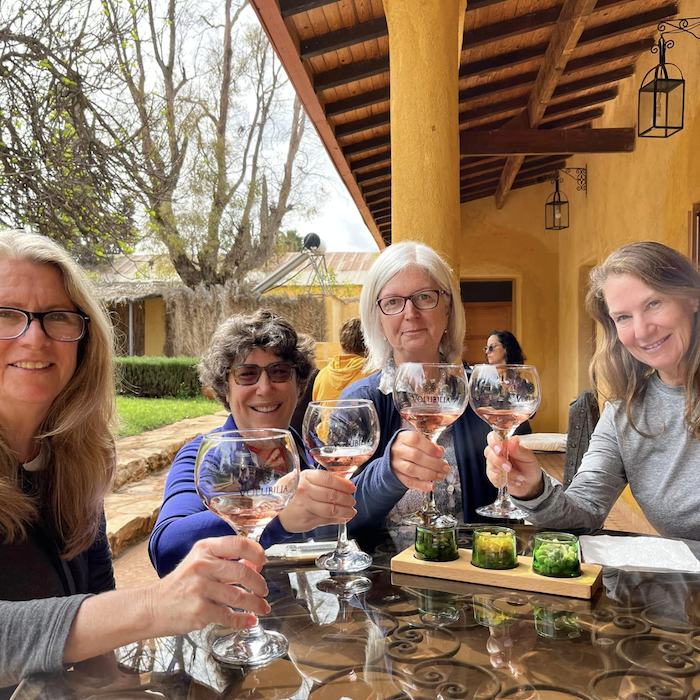 Women clinking wine glasses at a Moroccan vineyard on a Travel Exploration women's luxury tour of Morocco