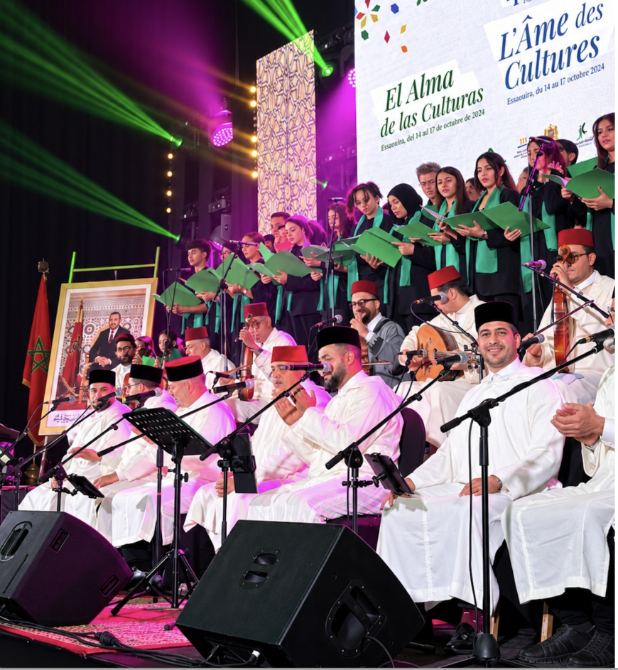 oroccan Andalusian musicians and choir performing at a cultural festival in Essaouira.