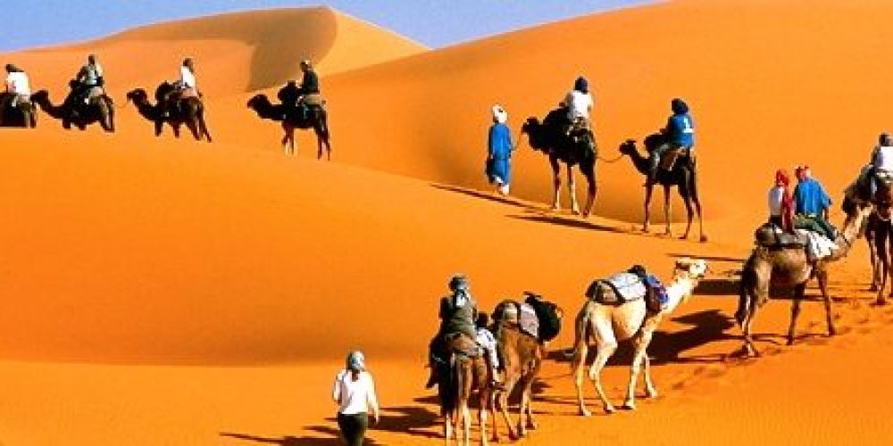 camel train Merzouga, Sahara desert, Morocco